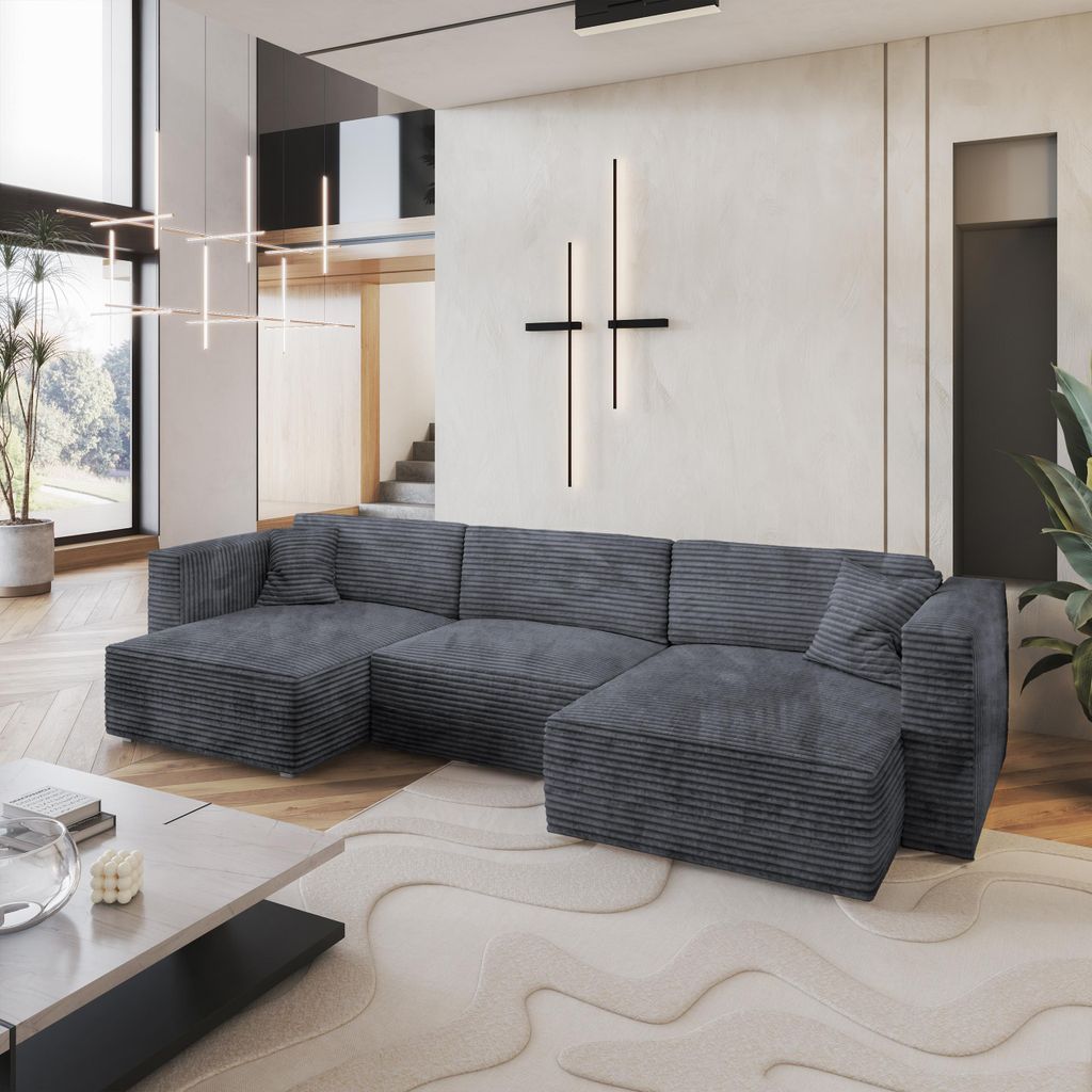 Masseno Ecksofa SARMO mit Schlaffunktion U-Form, Sofa mit Bettkasten, Wohnzimmersofa, Couch, Soffa, Bettsofa, Couchgarnitur- Grau, TILIA 90
