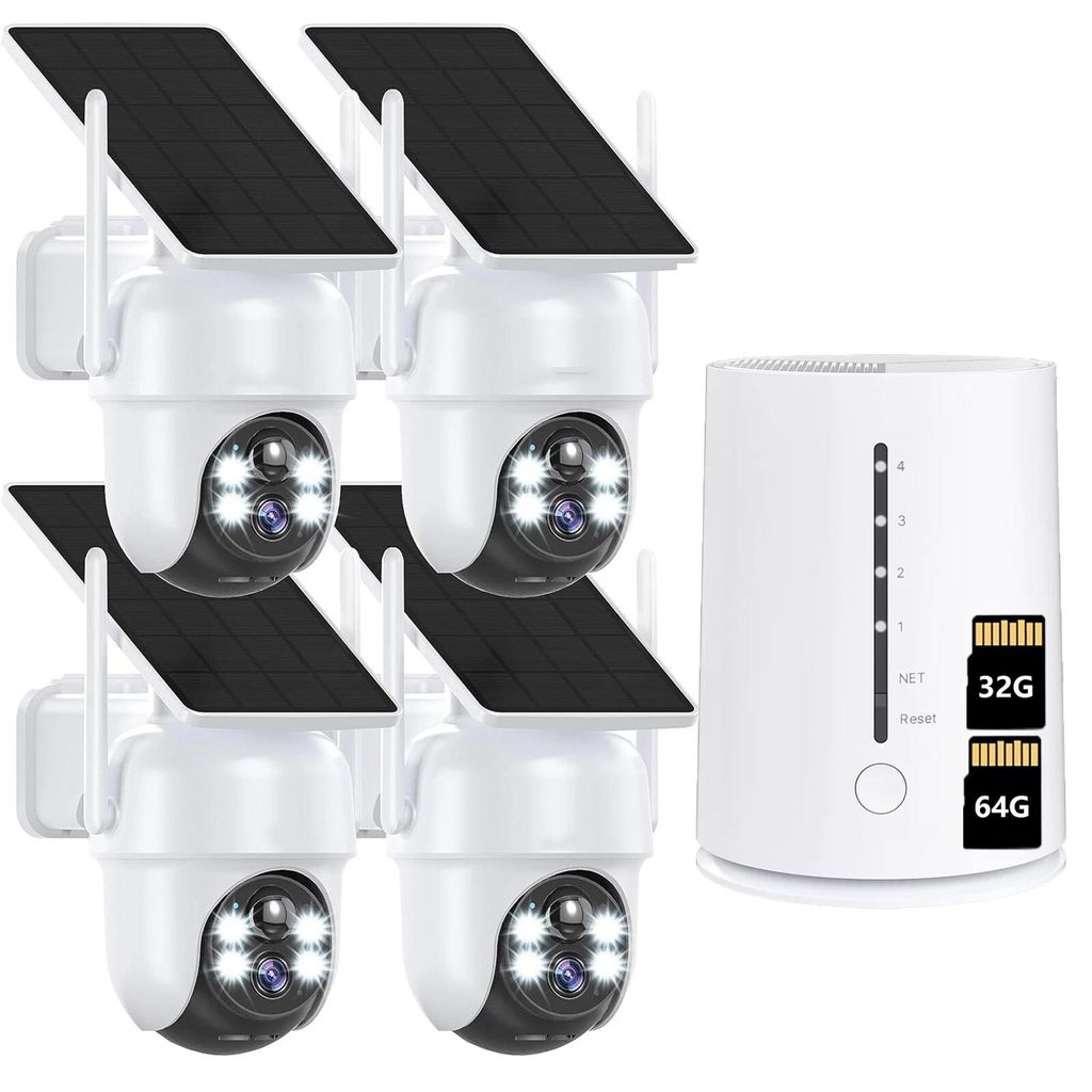 4MP Überwachungskamera Aussen Solar Akku 4er Set mit HomeBase 360° Schwenk mit 2K Farb-Nachtsicht 365Tage mit 32GB &64GB Lokalspeicher Kabellos K...