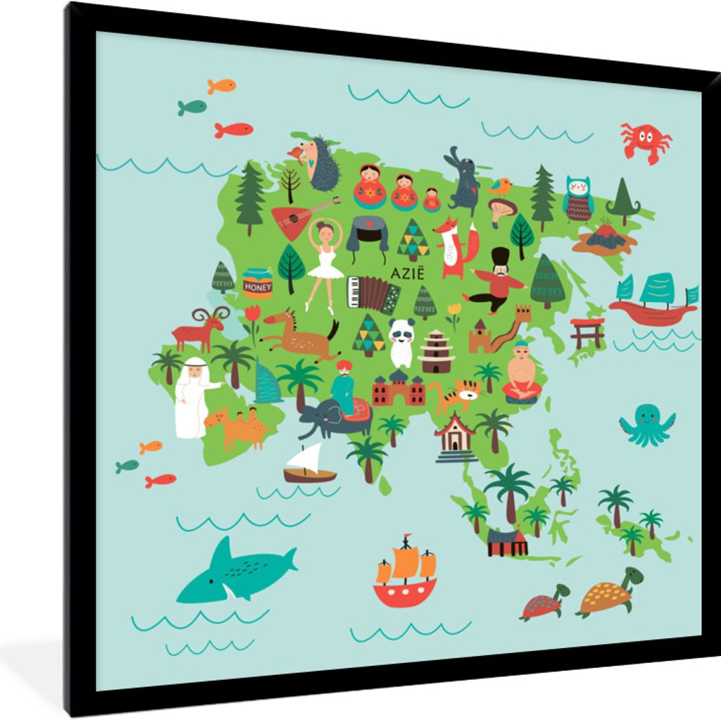 MuchoWow Gerahmtes Poster Weltkarte Kinder - Asien - Tiere 40x40 cm - Poster mit Schwarzem Bilderrahmen Wandposter Rahmen Foto Bilder - Mit Rahme...