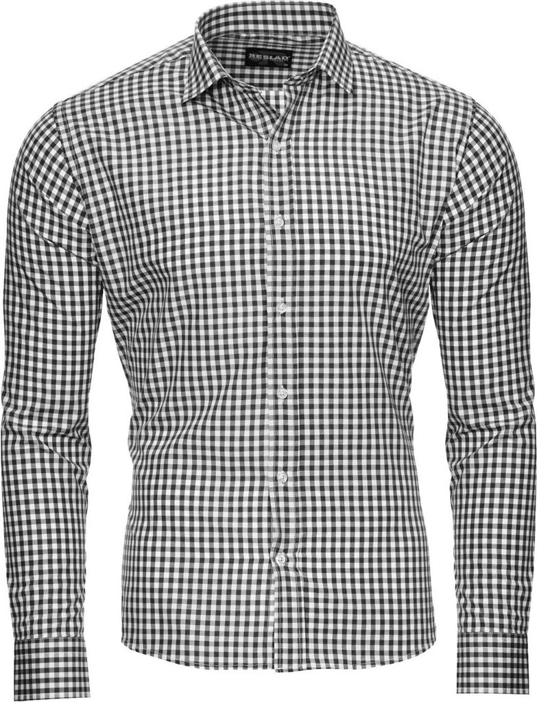 Reslad Herren Hemd Vichy Karomuster Langarmhemd RS-7007 Schwarz XL