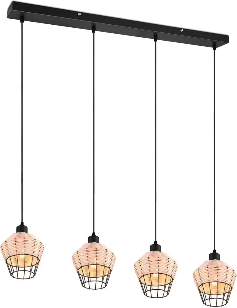 Lampadario BORKA 4 Diffusori in Rattan e Ferro Nero Design Trio Lighting