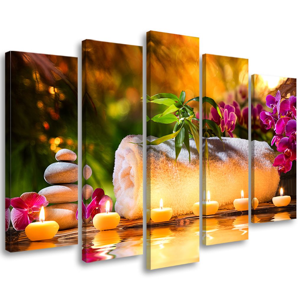 5-teiliges leinwandbild stones zen orchidee kerzen 100x70 cm Feeby orange wandbild bereit zum aufhängen