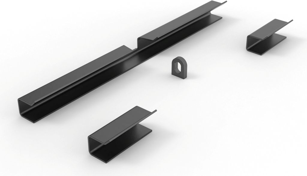 Several metal brackets and a U-shaped piece are arranged on a white background.