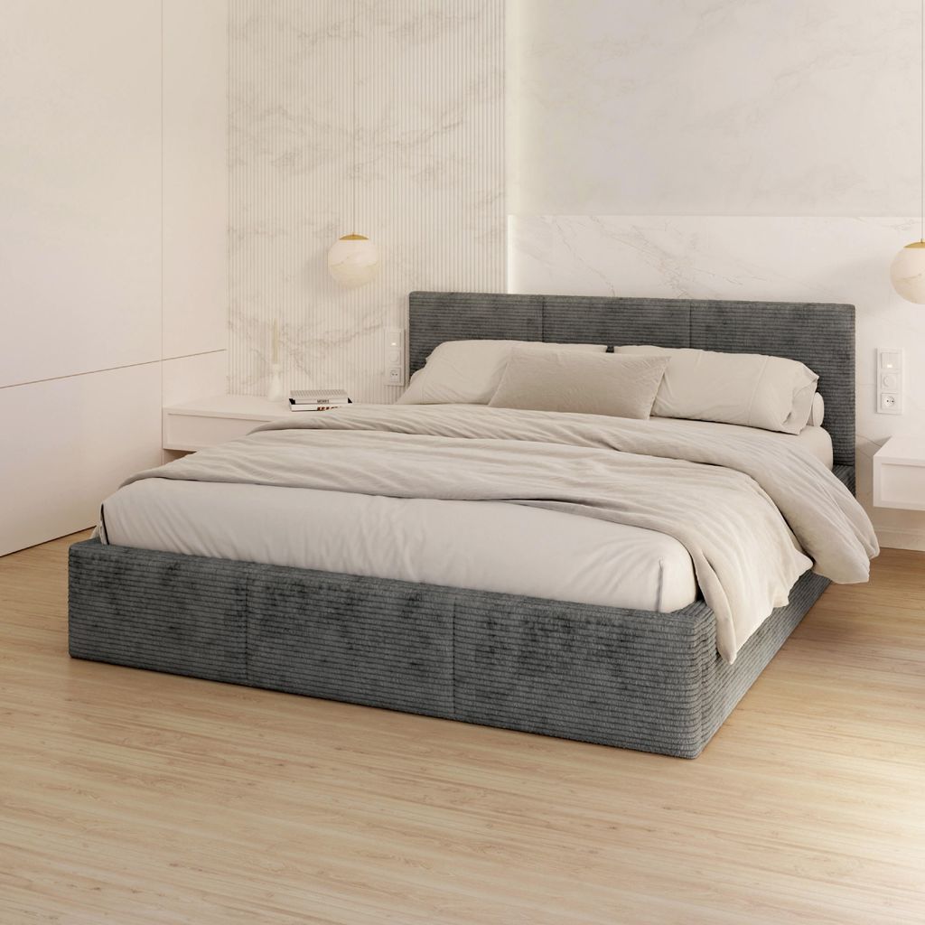 FDM Bett Fresia Cord 120x200 cm Polsterbett mit Lattenrost aus Metall Bettkasten Stauraumbett Samt graphit