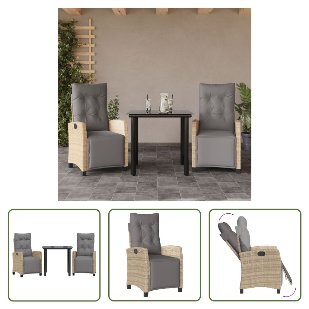 The Living Store 3-tlg. Garten-Essgruppe mit Kissen Beigemischung Poly Rattan