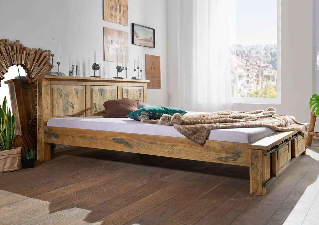 MASSIVMOEBEL24 Bett Mango 180x200 natur lackiert RAILWAY #142