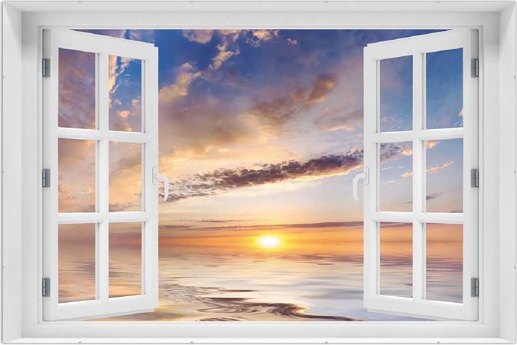 Wallario Wandbild mit Fenster-Illusion: Sonnenuntergang über dem Wasser, Größe: 61 x 91,5 cm, Poster mit rahmenlosen Bildhalter