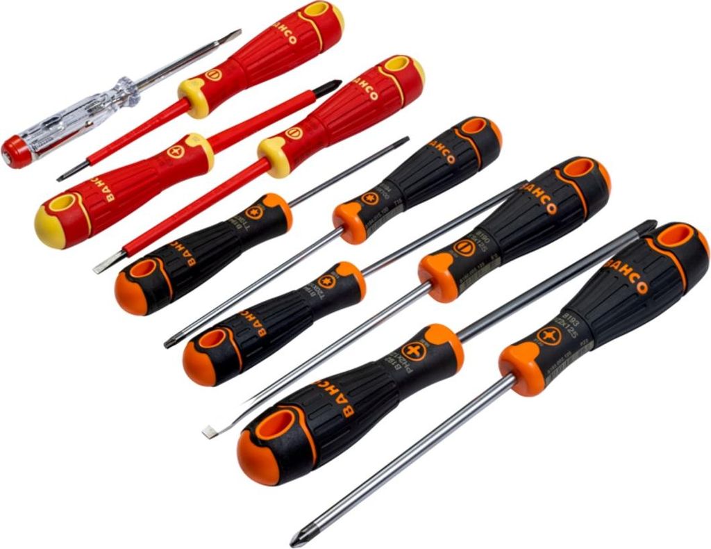 BahcoFIT Schraubendrehersatz für Schlitz-, Phillips-, Pozidriv- und TX-Schrauben mit gummiertem Griff - 10-tlg.
