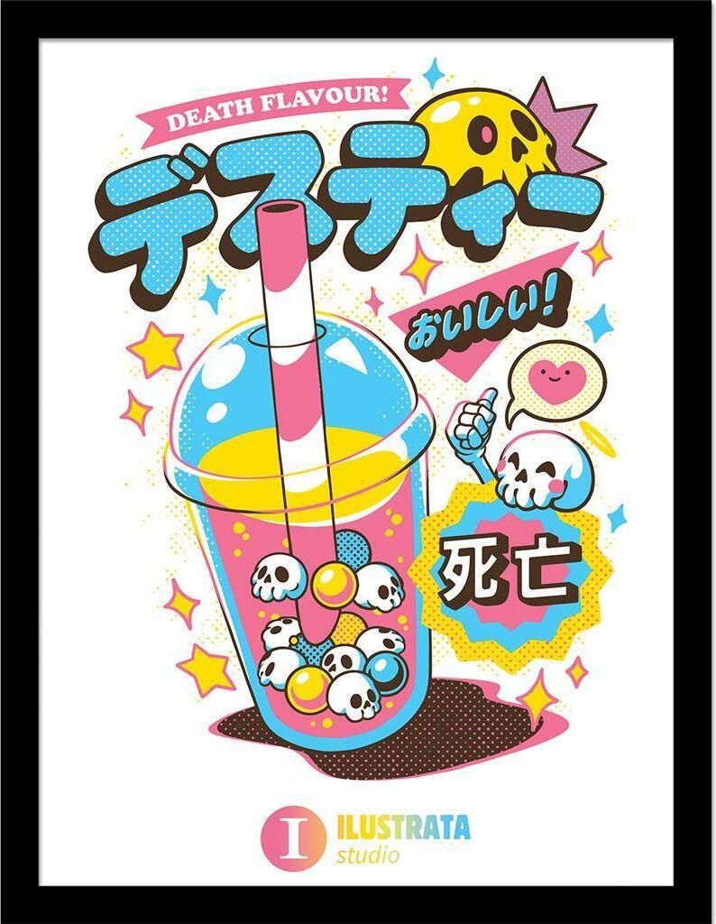 Ilustrata - Gerahmtes Poster "Death Bubble Tea" PM10262 (40 cm x 30 cm) (Pink/Blau/Gelb)
