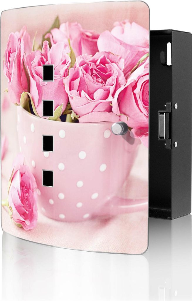 banjado Design Schlüsselkasten aus Edelstahl für 10 Schlüssel, Schlüsselschrank 24 x 21,5 x 7cm groß mit Magnetverschluss, Tasse Voll Rosen [B...