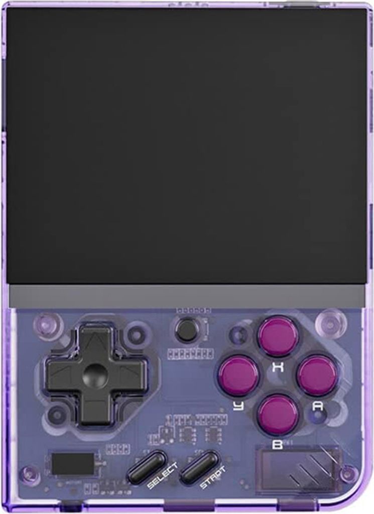 A handheld gaming console with a transparent purple casing.