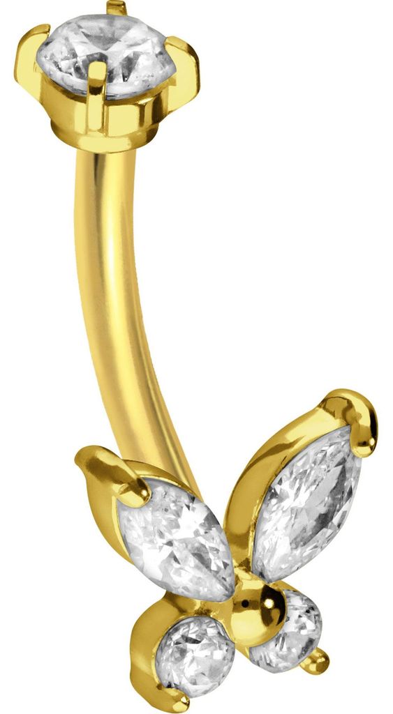 Bauchnabel-Piercing, Rook Piercing Titan Banane mit Push Fit KRISTALLSCHMETTERLING Gold Stablänge: 8mm