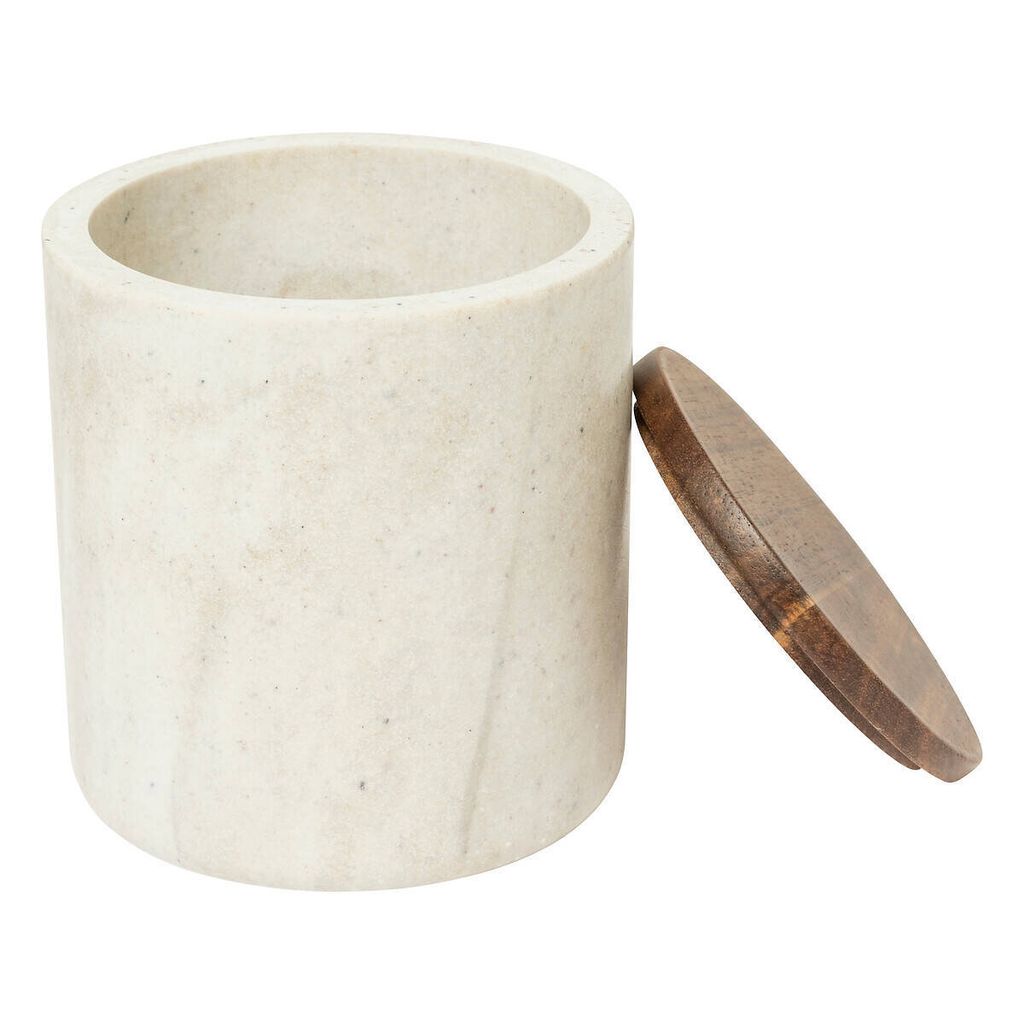 A beige marble container with a brown wooden lid is shown against a white background.