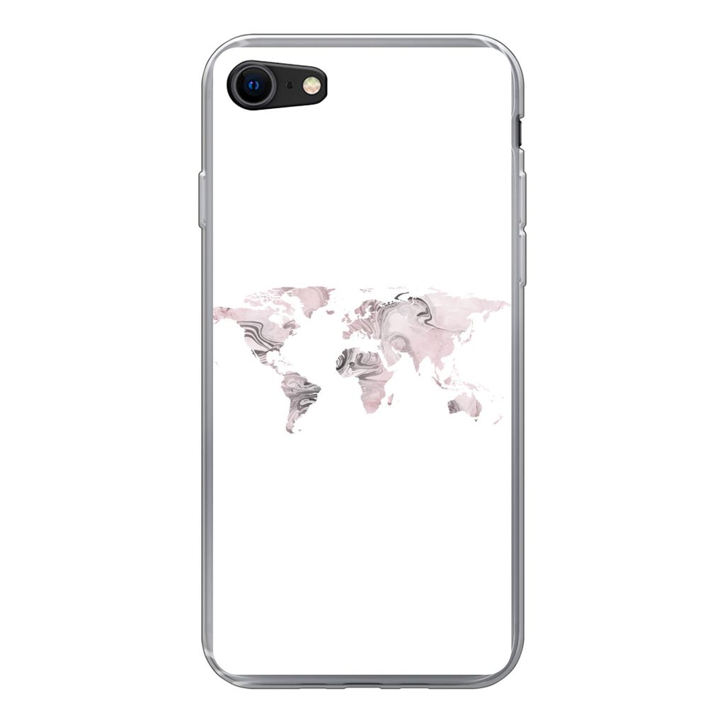MuchoWow Handyhülle Schutzhülle Hülle für iPhone SE 2020 Weltkarte - Marmor - Grau Silikon Softcase Handy Hülle - Kartenbesitzer