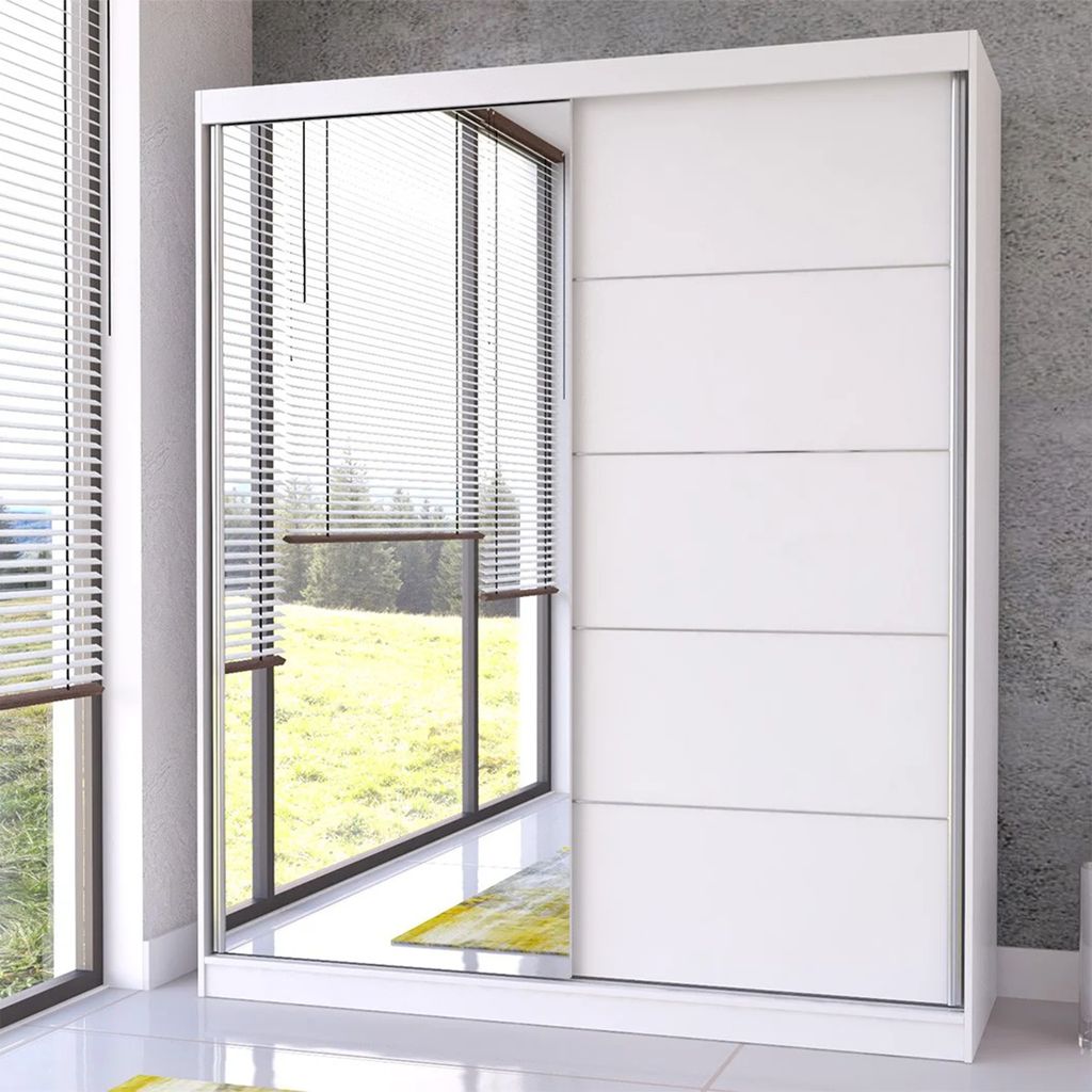 Schwebetürenschrank mit Spiegel in Weiß/Weiß
Breite:	183 cm
Höhe: 218 cm	
Tiefe: 61 cm