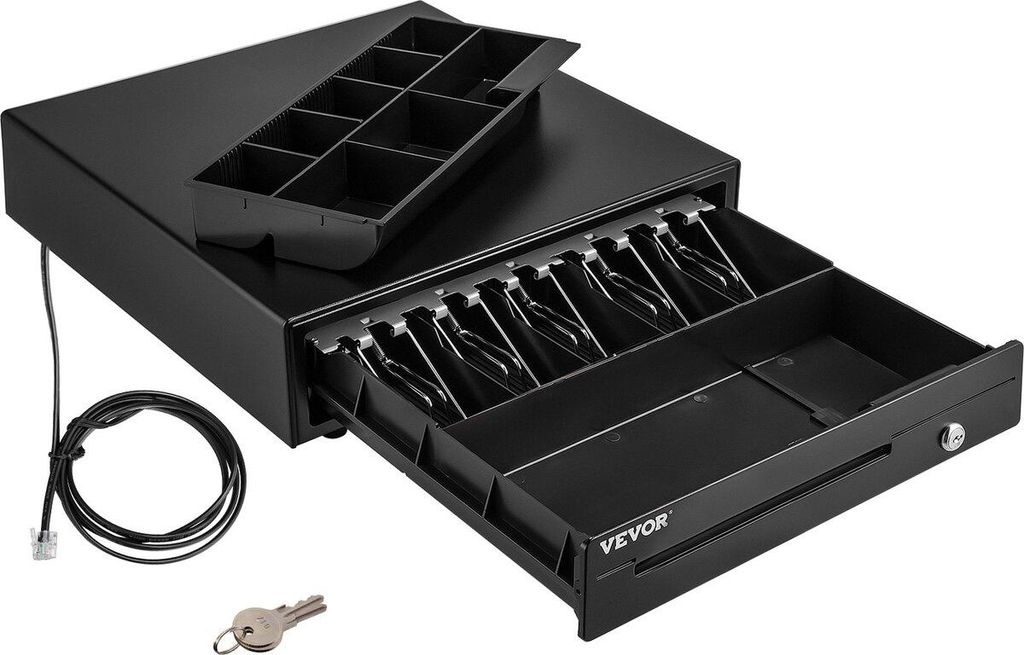Kassenschublade, 16" 12 V, für Kassensystem mit 5 Schein- und 8 Münzfächern, herausnehmbarem Münzfach und 2 Schlüsseln, RJ11/RJ12-Kabel für S...