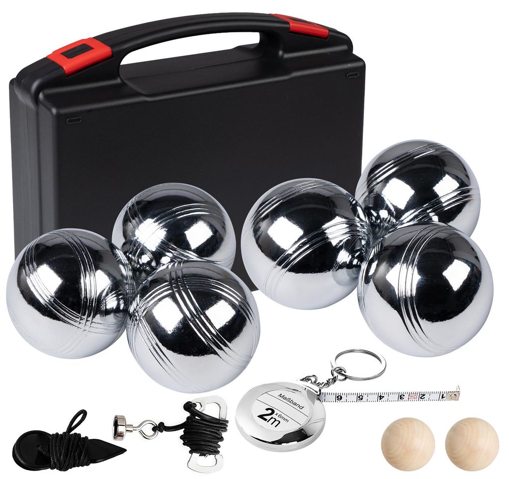 6er Boule Set Boccia Kugeln mit 2 Zielholzkugeln, 2 Messwerkzeuge, 1 Boule-Kugelmagnet und Tragetasche, 2 Oberflächenstrukturen, Outdoor Boccia Spiel
