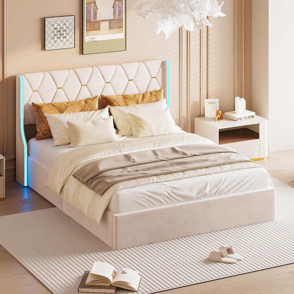 ProximaX Velours Bettrahmen 140x190 cm – Hydraulisch mit LED-Beleuchtung an den Bettflügeln, Beige, Mit Unterbett-Aufbewahrung, Modern & Praktisch