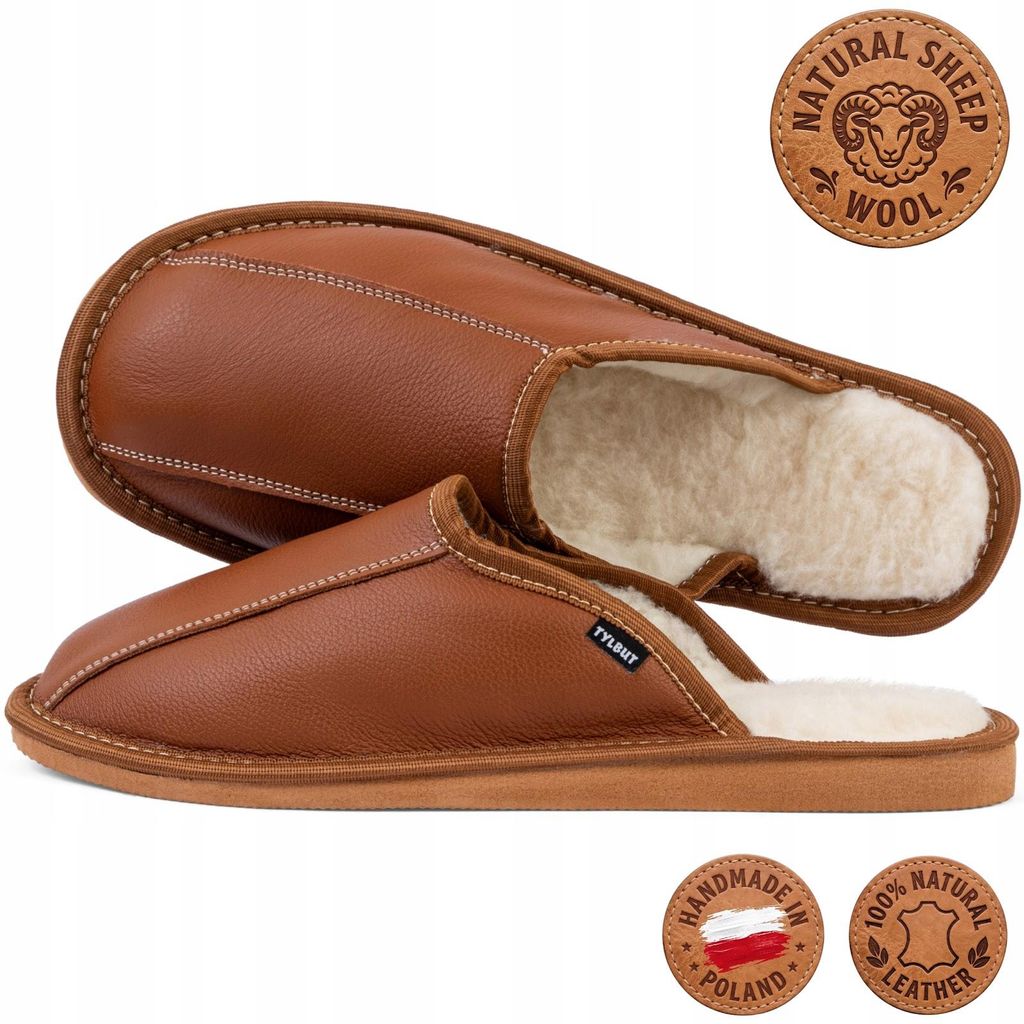 Heren slippers, leer, lamswol, lichtbruin, met de hand Productafbeelding 