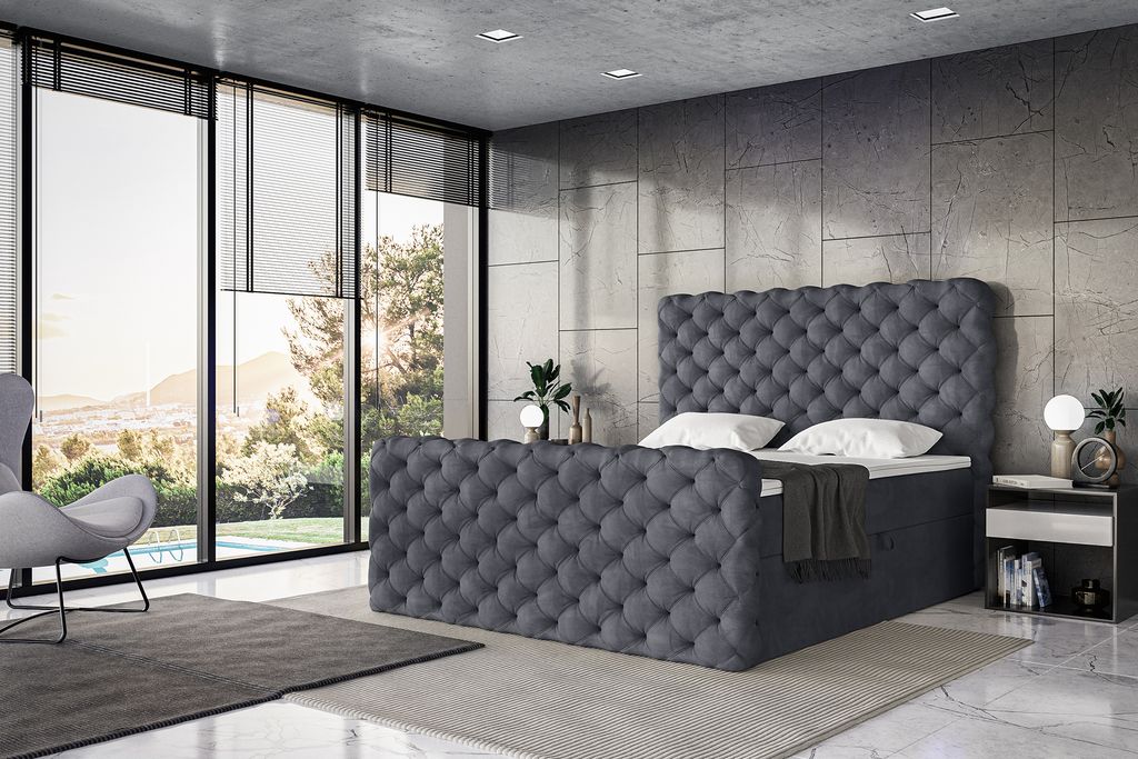 MEBLINI Boxspringbett mit Bettkasten - Gepolstert Doppelbett mit Matratze und Topper - Polsterbett mit Stauraum - Bett mit Kopfteil - Stauraumbett ...