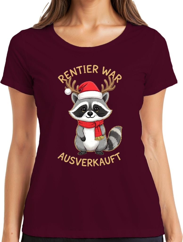 Rentier war t Waschbär Weihnachten Geschenk lustig Damen T-Shirt, Burgundy, L