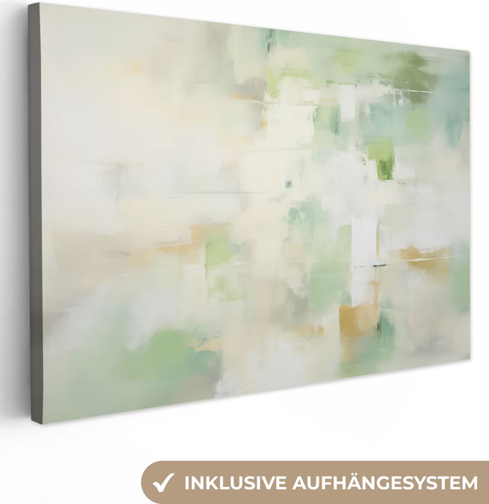 MuchoWow - Leinwandbilder - Abstrakt - Kunst - Weiß - Grün - Modern, Wandbild, Wanddeko Bilder Wohnzimmer, 90x60 cm