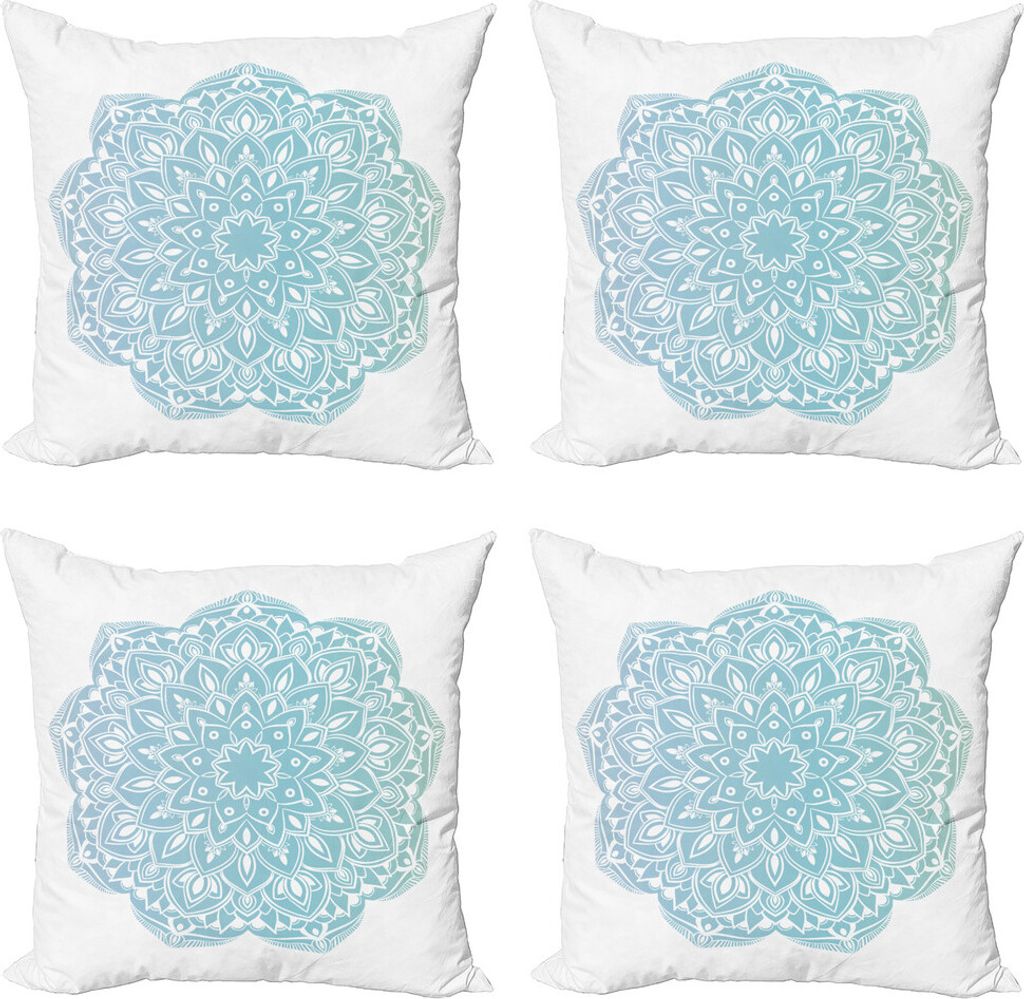 ABAKUHAUS Blauer Mandala Kissenbezug Set (4 Stück), Oriental Round Motiv, Moderner Doppelseitiger Digitaldruck, 60 cm x 60 cm, Blassblau Aqua