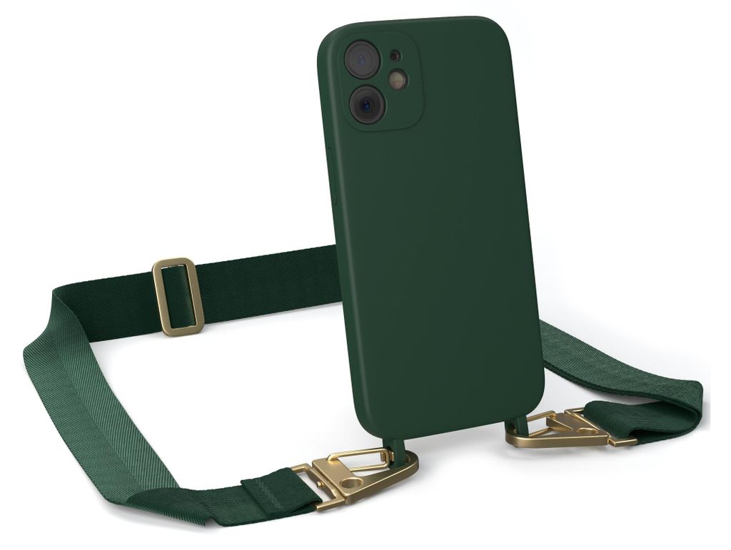 A dark green iPhone case with a dark green lanyard attached to it, with gold clasps and a gold buckle. The product is shown against a white background.