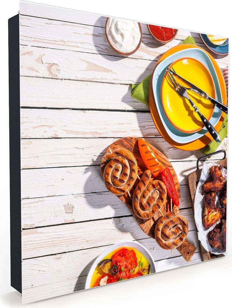 Nachbildung-Schlüsselkasten, Magnetpinnwand und Memoboard mit Glasfront Motiv Chicken Wings und Würstchen