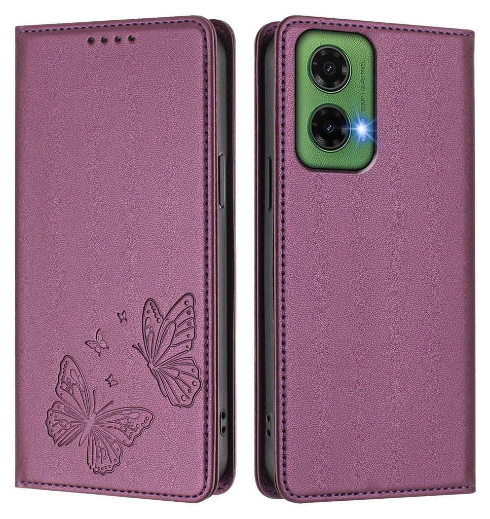 Lederhülle für Motorola Moto G35, Schmetterling Prägung Leder Brieftasche Schutzhülle mit Ständer Lila