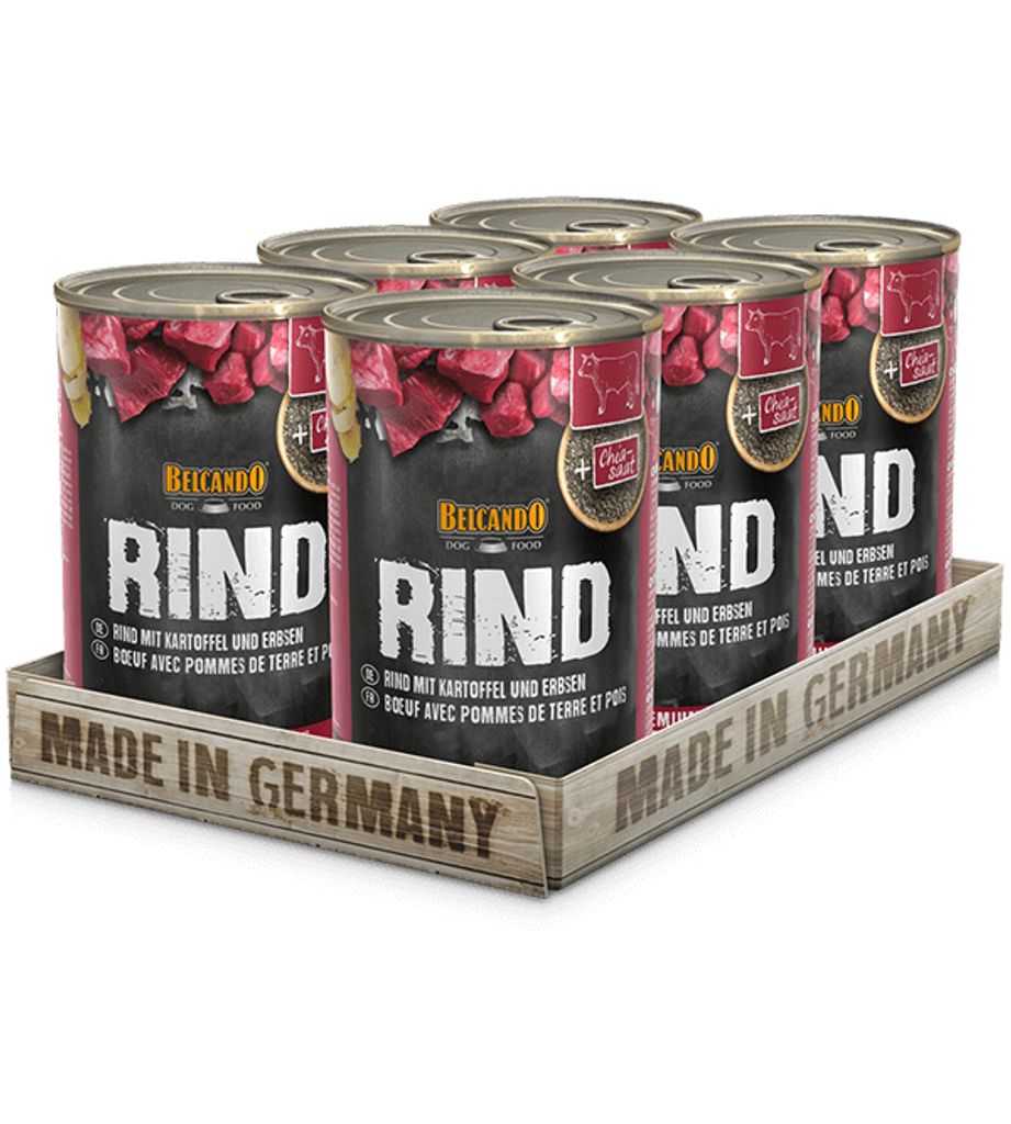 A tray of six cans of dog food.