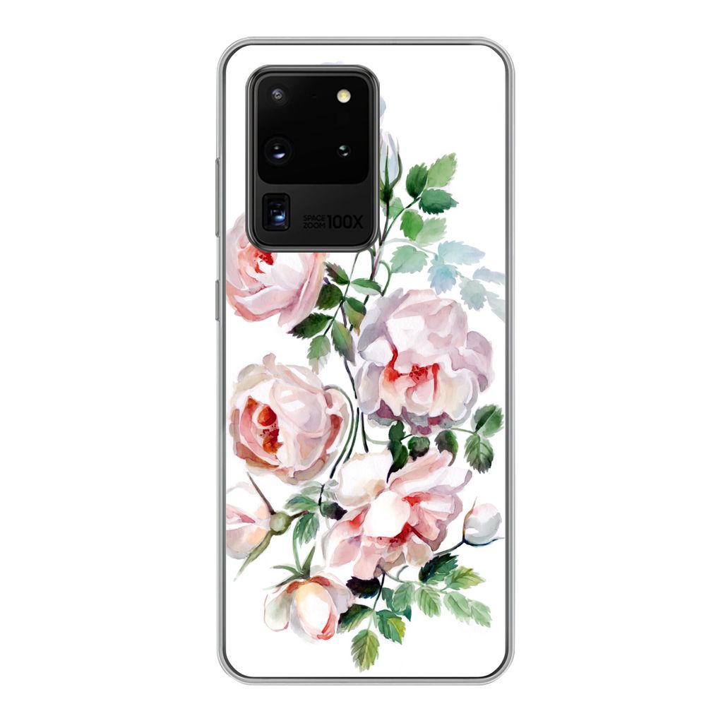 MuchoWow Handyhülle Schutzhülle Hülle für Samsung Galaxy S20 Ultra Aquarell - Rosen - Blumen Silikon Softcase Handy Hülle - Karteninhaber