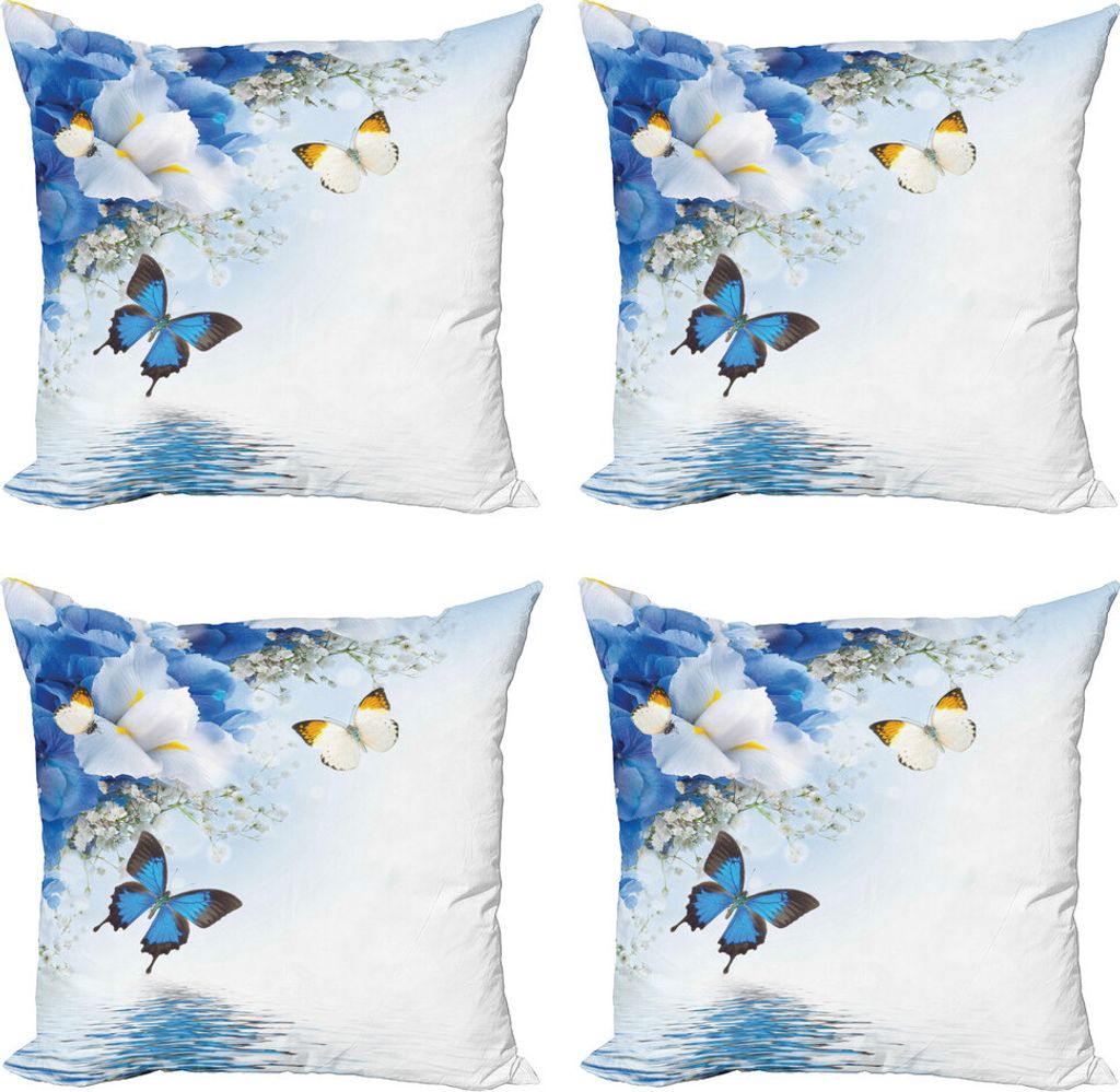 ABAKUHAUS Blumen Kissenbezug Set (4 Stück), Exotische Blumen Teich, Moderner Doppelseitiger Digitaldruck, 40 cm x 40 cm, Blau Weiss