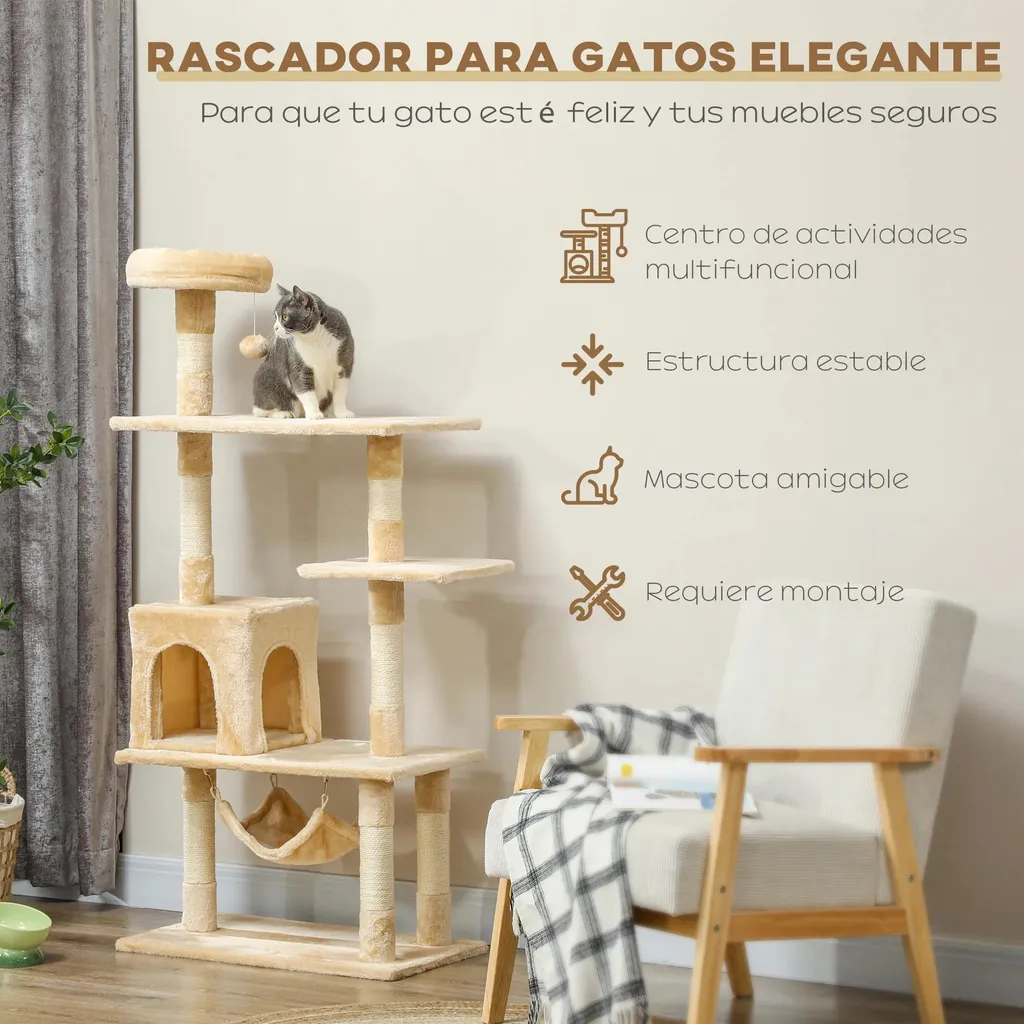 Arbre à chat en bois E1 et peluche beige - Tour 152 cm avec grotte & hamac - 4