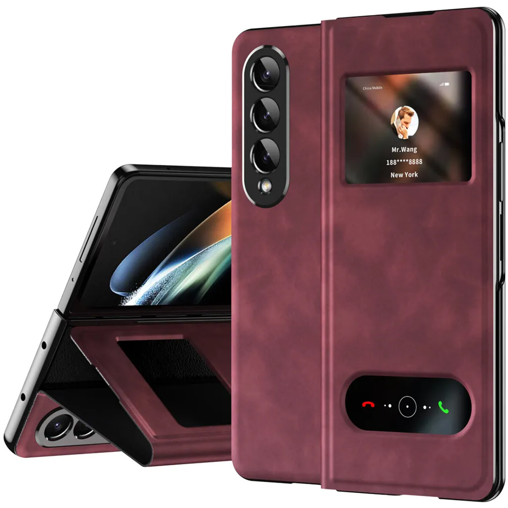 Custodia sottile in pelle flip per Samsung Galaxy Z Fold 3 5G, con finestra di visualizzazione e funzione stand rosso