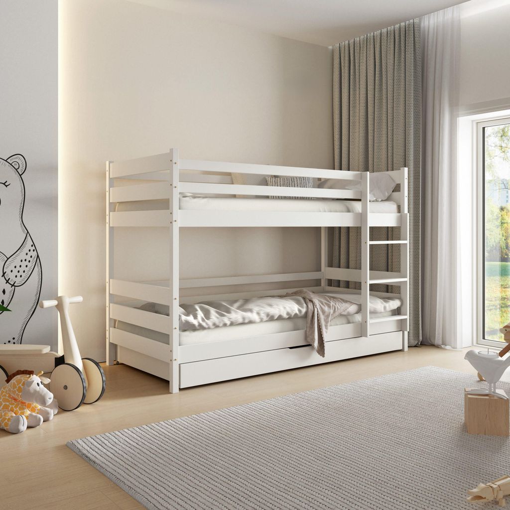 Masseno Etagenbett SIMBA 80x160 cm mit Schublade, Rausfallschutz, Kinderbett mit Leiter für Mädchen und Jungs, Stockbett 2 Kinder, Holz, Weiß