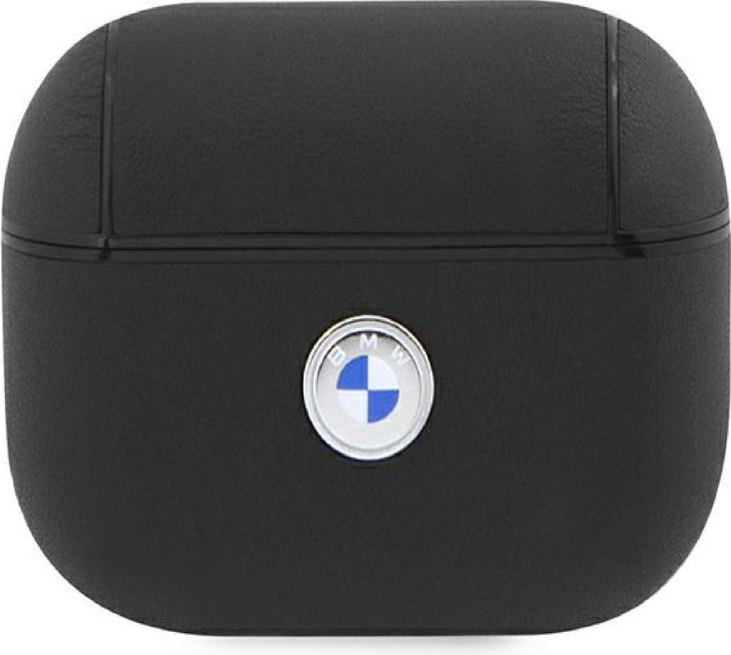 A black AirPods Pro case with a silver BMW logo on the front.