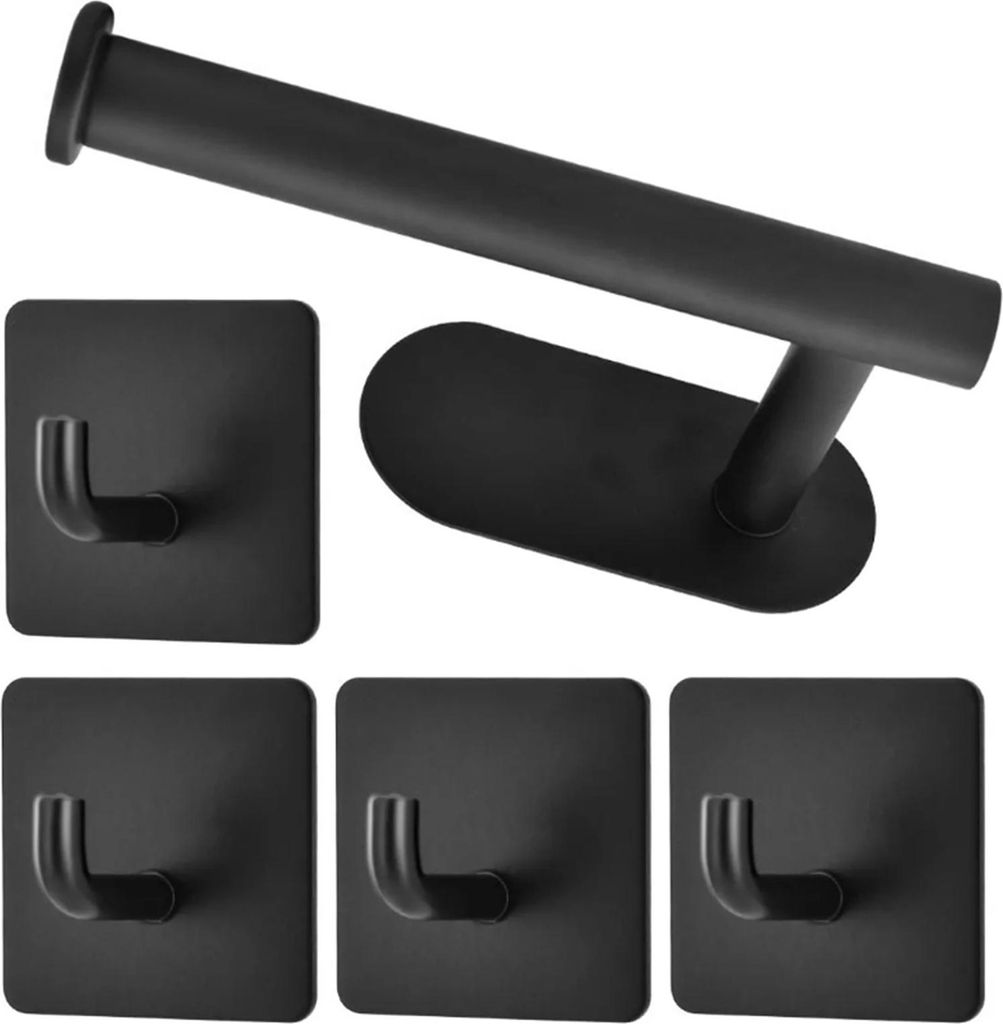 5Pcs schwarz Edelstahl Toilettenpapier Handtuchhalter keine Stanzen Wand montiert Klebehaken Papierrolle Rack