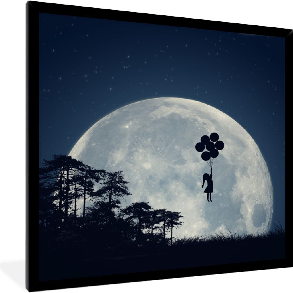 MuchoWow Gerahmtes Poster Mond - Mädchen - Nacht 40x40 cm - Poster mit Schwarzem Bilderrahmen Wandposter Rahmen Foto Bilder - Mit Rahmen - Wandd...