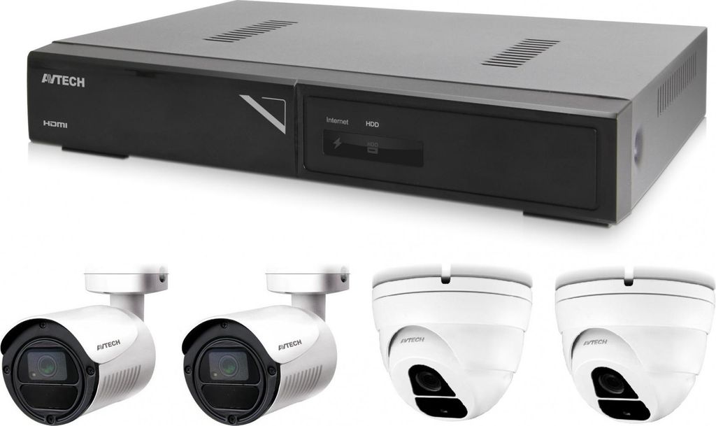 Kamera Set 1x AVTECH NVR AVH1104, 2x 2MPX IP Bullet Kamera AVTECH DGM2103SV und 2x 2MPX IP Dome Kamera AVTECH DGM2203SVSE + 4x UTP Kabel 1x RJ45 - ...