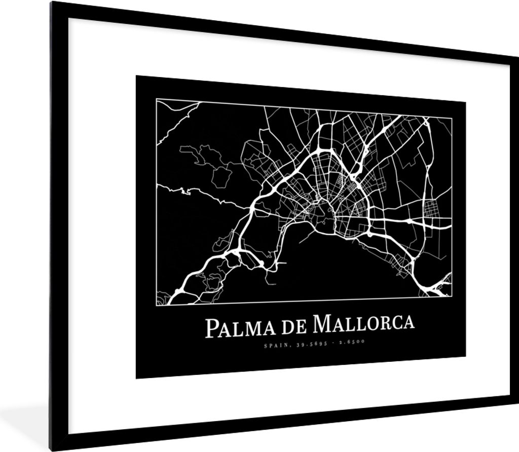 MuchoWow Gerahmtes Poster Karte - Stadtplan - Palma de Mallorca - Karte 80x60 cm - Poster mit Schwarzem Bilderrahmen Wandposter Rahmen Foto Bilde...