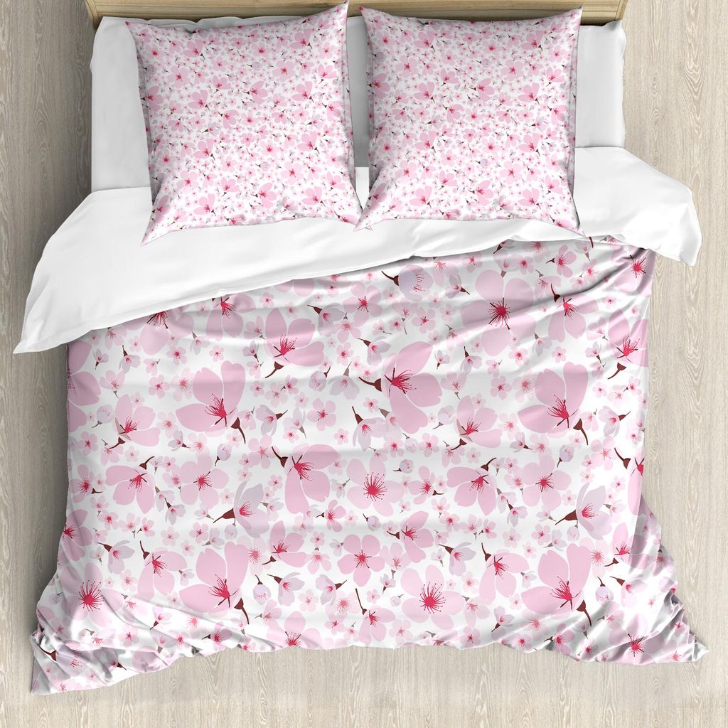 ABAKUHAUS Pink und Weiß Bettbezug Set, Symbolische japanische blühende Kirschblüte in der gelegentlichen Anordnung, 155 x 220 cm + 80 x 80 cm, R...