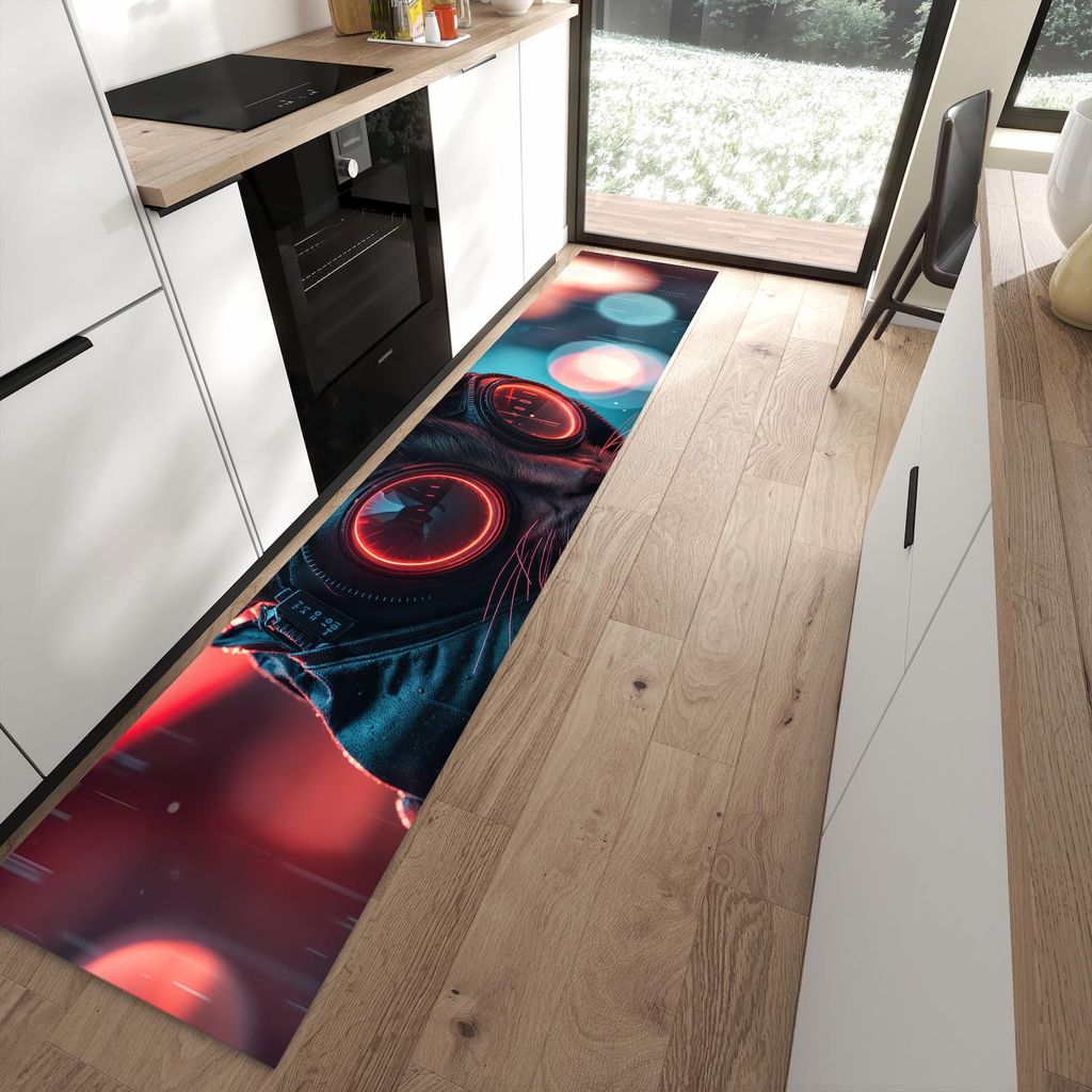 Küchenteppich 60x300cm rutschfest & abwischbar PVC Läufer - Cyber Katze