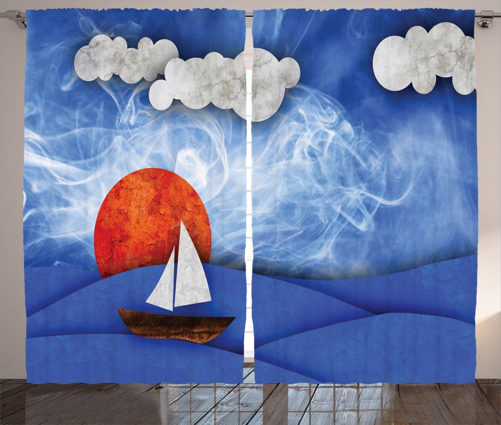 ABAKUHAUS Nautisch Rustikaler Gardine, Schiff auf Misty Waters, Schlafzimmer Kräuselband Vorhang mit Schlaufen und Haken, 280 x 175 cm, Blau Orang...