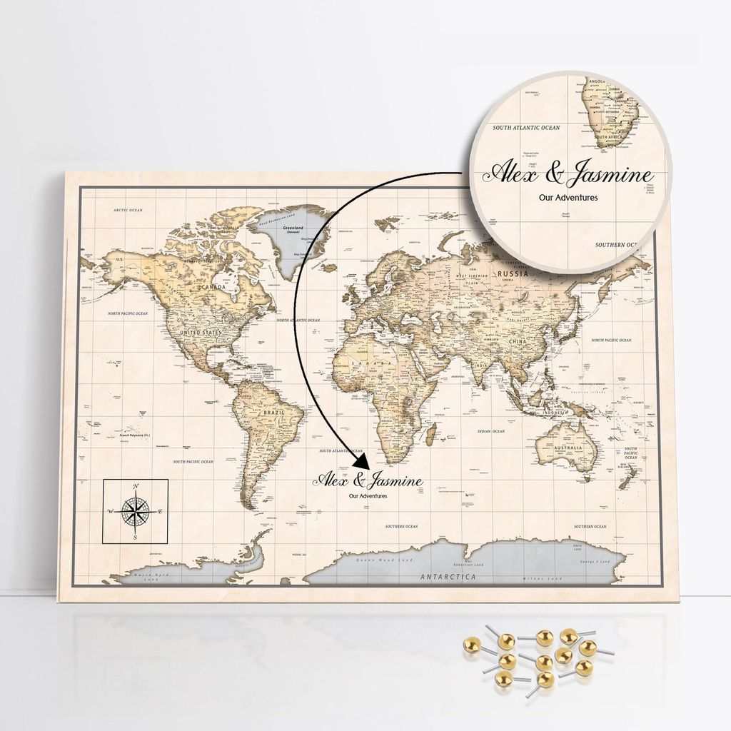 framed concept Personalisierte Weltkarte mit Pinnnadeln Handgefertigte Wanddekoration mit 50 goldenen Pins Einzigartige Geschenkidee