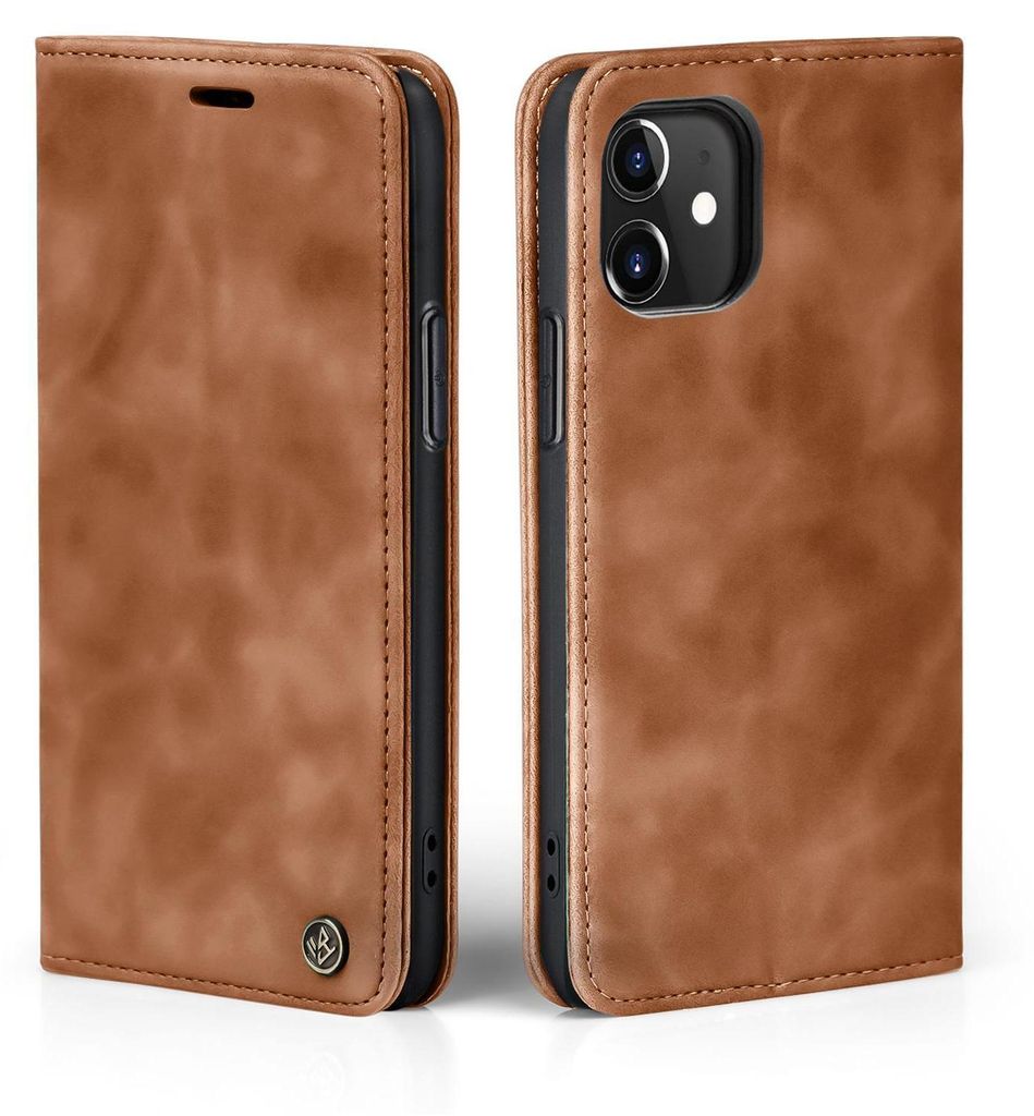 A brown leather flip case for an Apple iPhone 11 is shown from two angles.