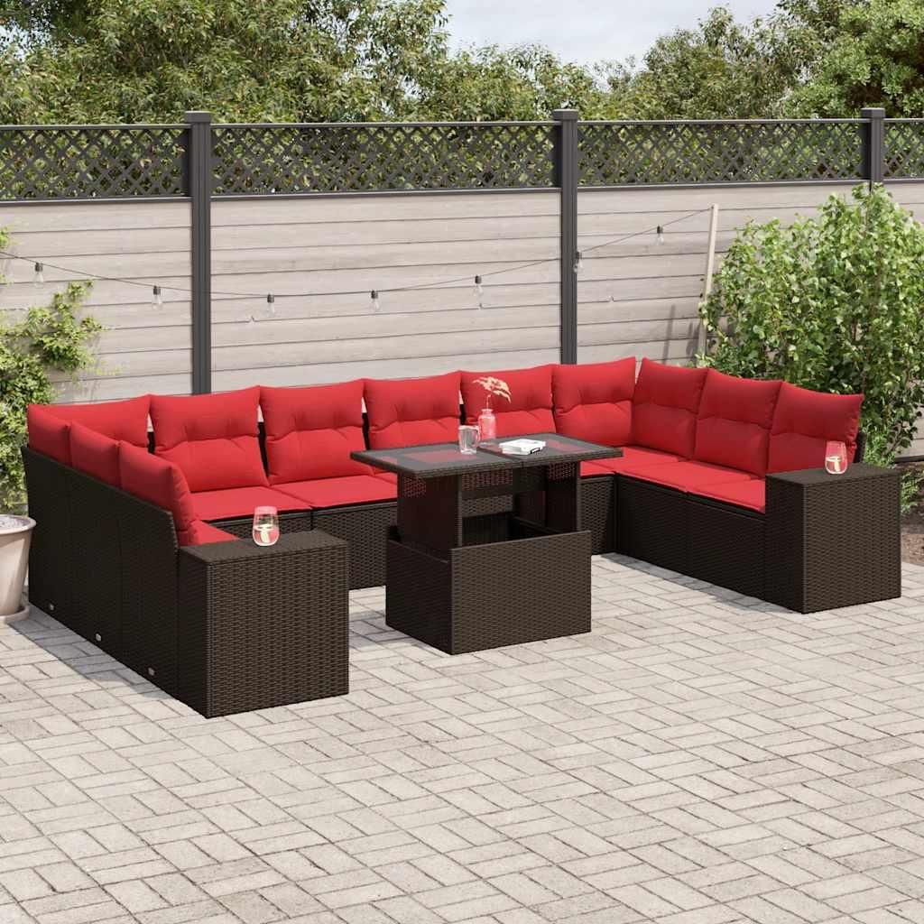 Maison Exclusive - 11-teiliges Gartensofa-Set mit Kissen, braun, Polyrattan