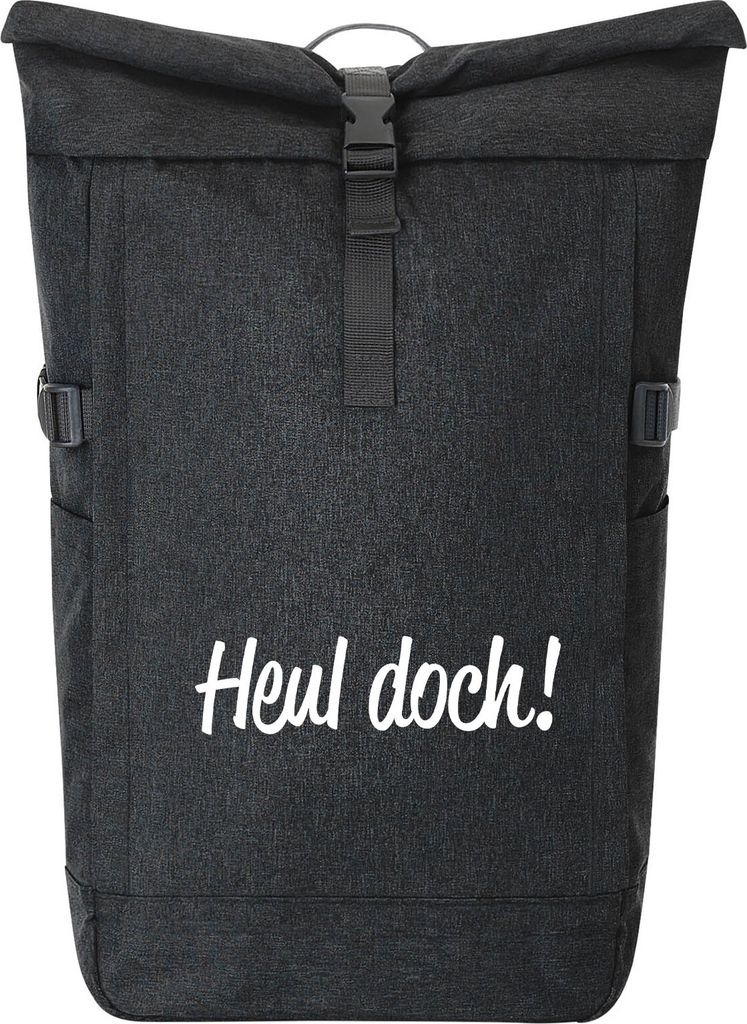 Huuraa Kurierrucksack Heul doch Schriftzug 30-44 Liter Black Melange Fairtrade Rolltop Rucksack Geschenkidee