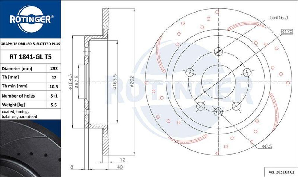 ROTINGER RT 1841-GL T5 Bremsscheibe OE 13501289 kompatibel mit Insignia