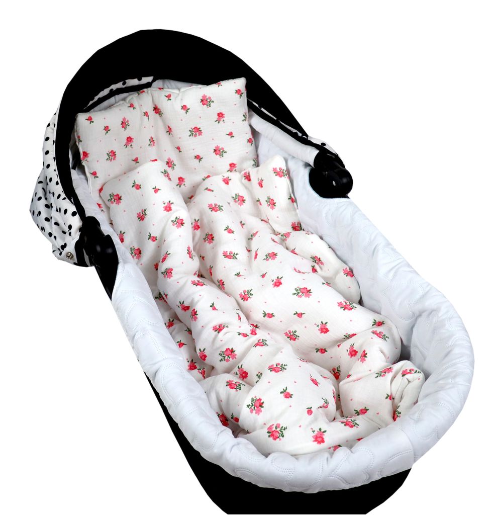 BabyLux Babydecke Musselin 75x60 cm mit Kissen – Kinderwagendecke Sommer – Atmungsaktiv & Weich – Set für Neugeborene MPM - D2 Röschen